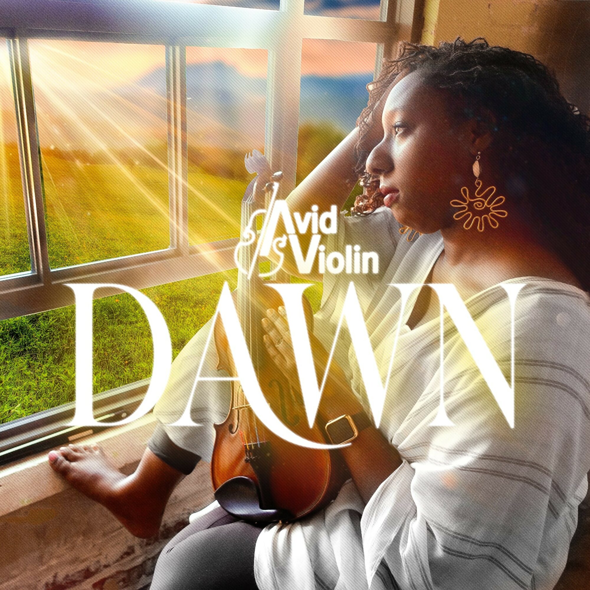 Woman sitting by window holding a violin, sunlight streaming in, peaceful scene, large text 'DAWN', artist name 'Avid Violin'.