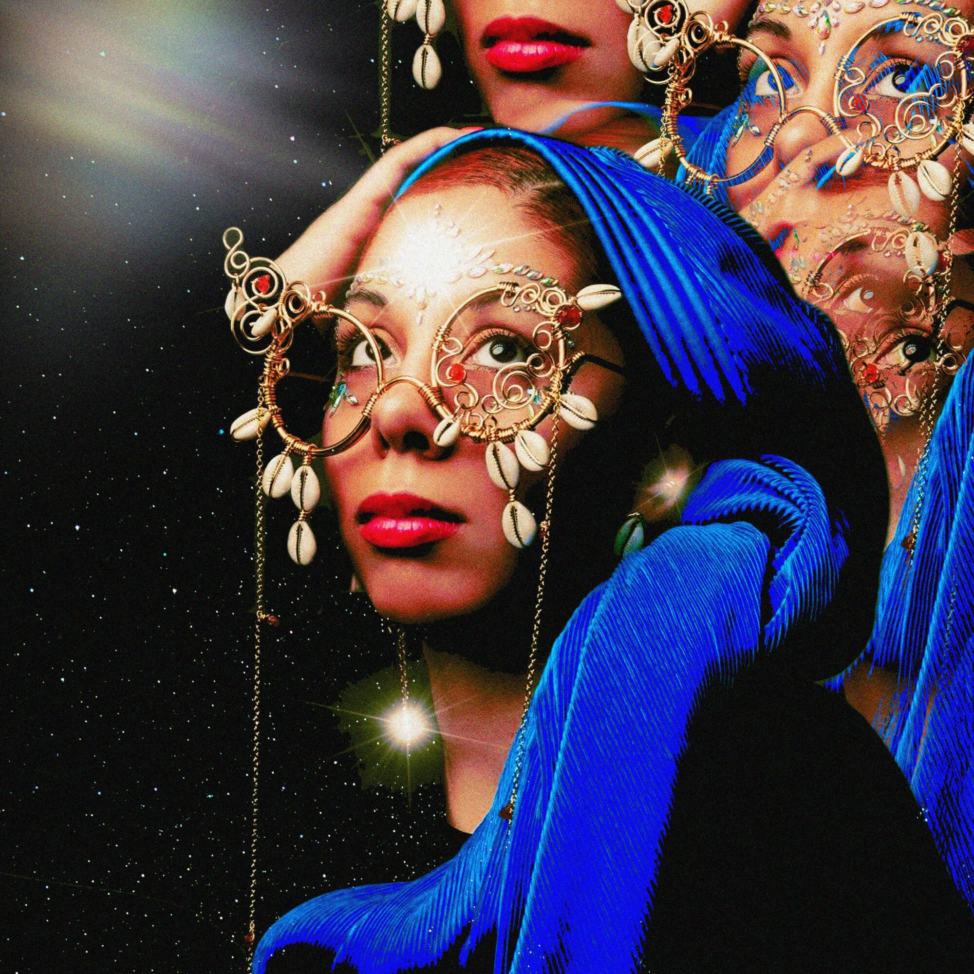 A woman with elaborate jewelry and a blue headscarf, with multiple reflections or overlays of her face, against a starry background.