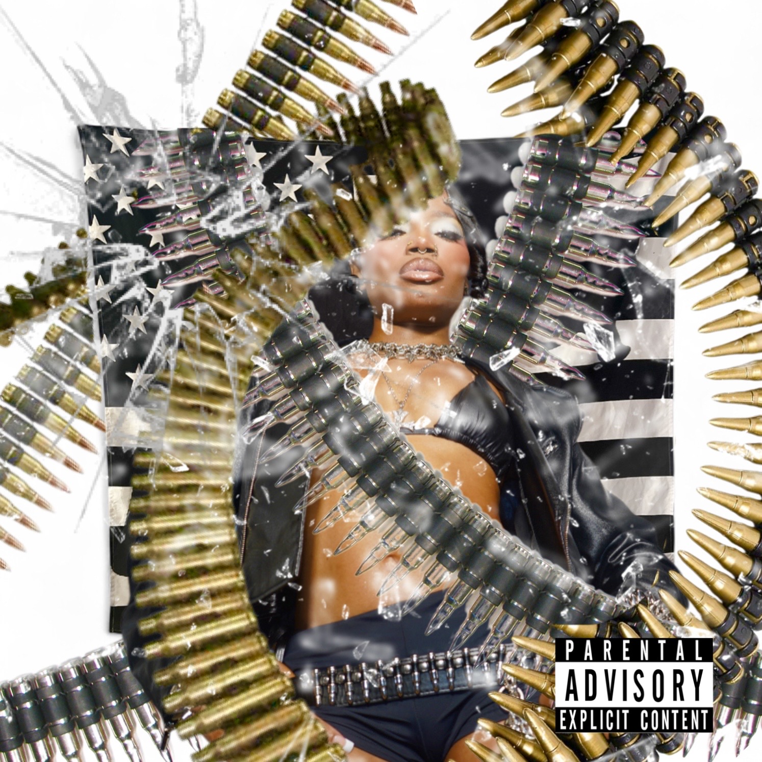 Woman with makeup and jewelry surrounded by bullets and shattered glass, black and white striped background.