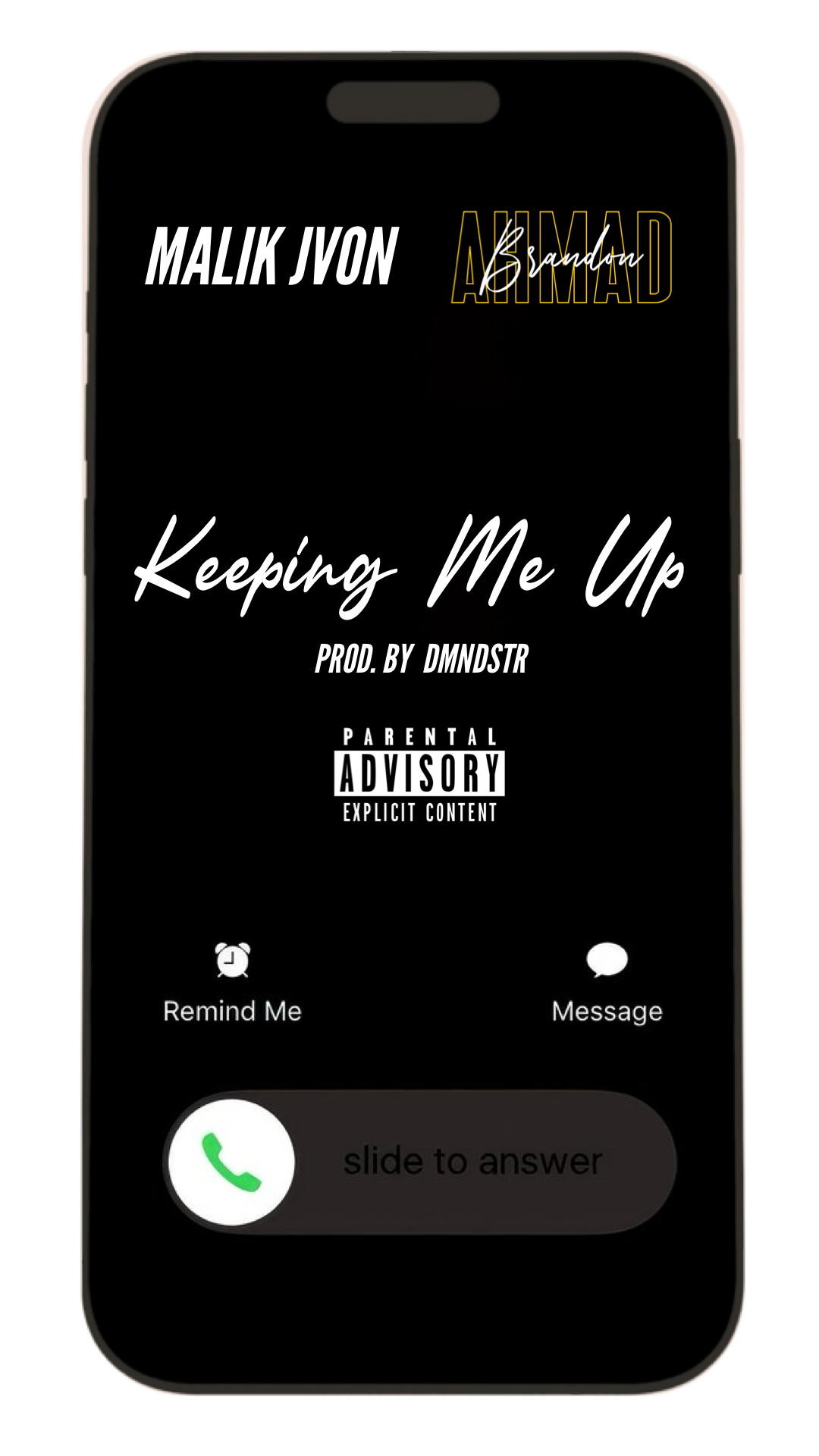 Phone screen shows song titles, artist, and options to remand or message, with a call to slide to answer.