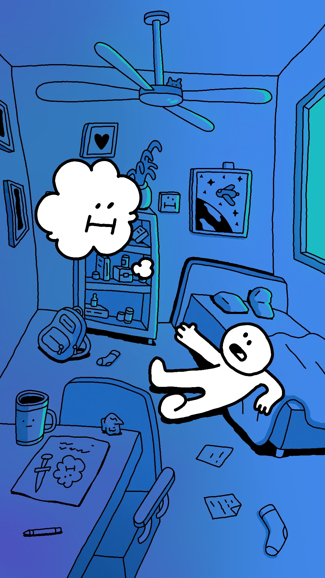 A person lying on a bed with a surprised expression, a cloud with a face floating above, in a blue bedroom with various objects.