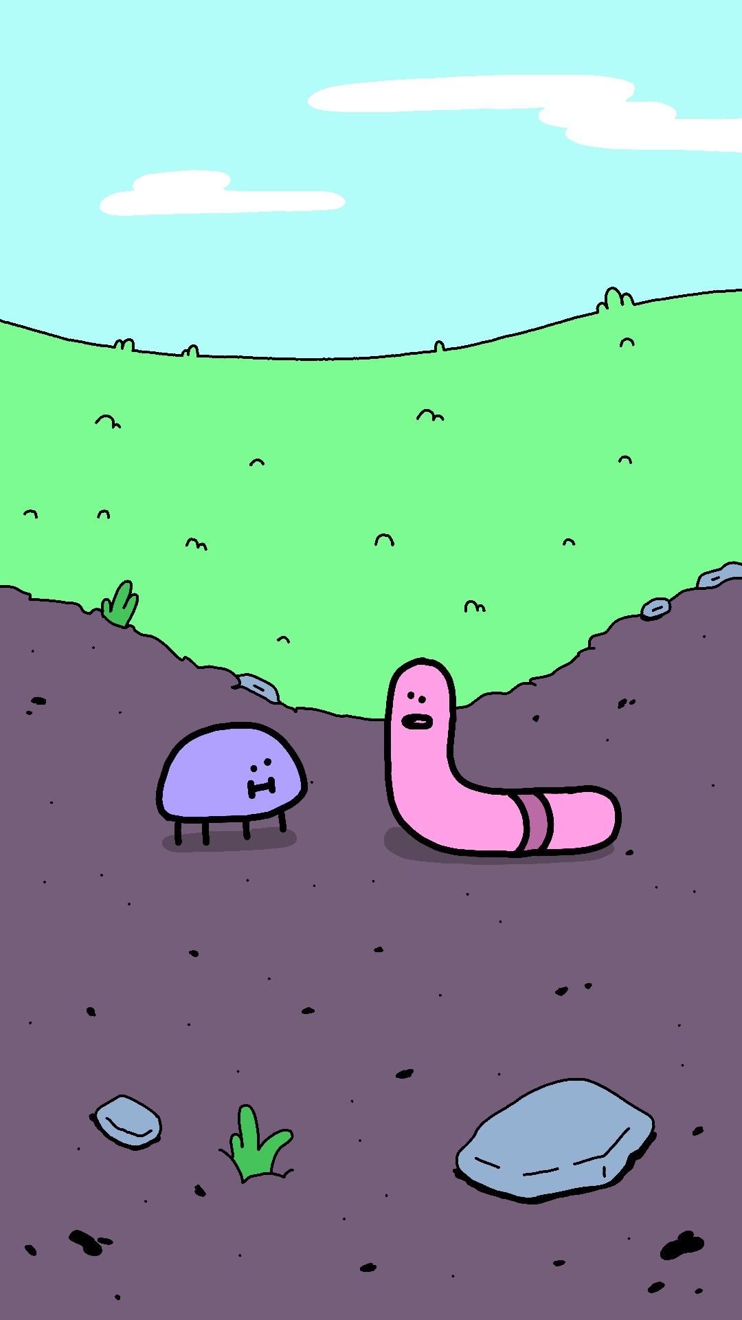 Two cartoon creatures on dark ground with green hills and blue sky, one round and purple, the other pink and segmented.