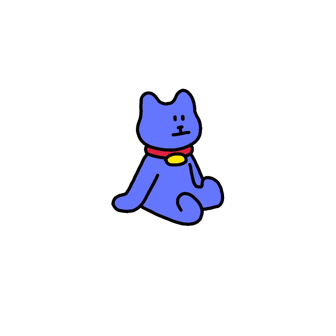 Blue cartoon dog with a red collar sitting, facing forward, with a simple facial expression.