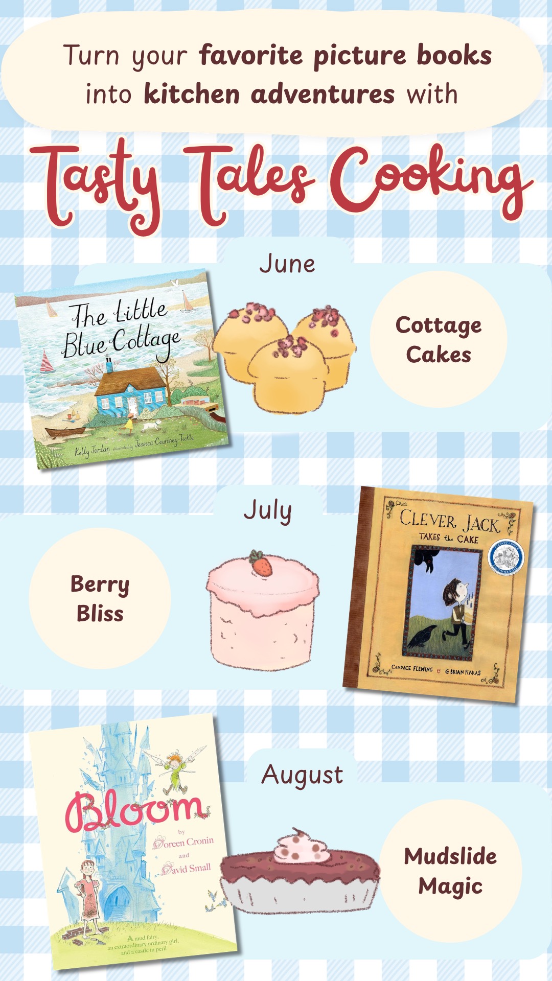 Book cover with text about picture books, kitchen adventures, and baking, featuring illustrations of a cottage, cake, and a magic book.