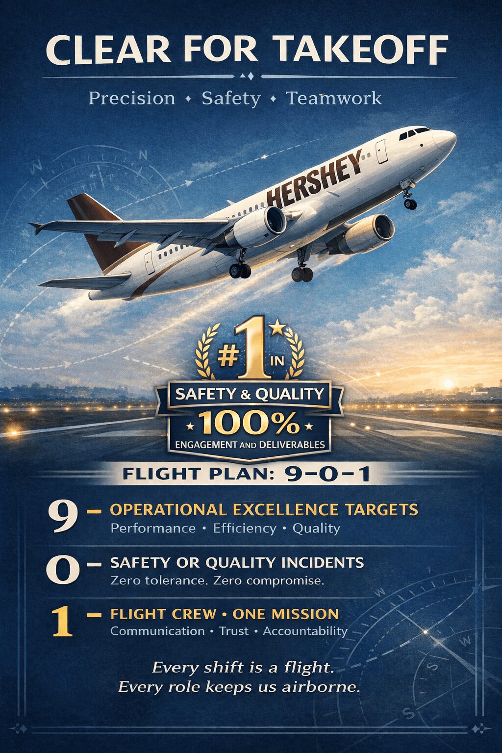 Airplane taking off with Hershey logo, sky and cityscape background, text about safety and teamwork, flight details, and safety message.