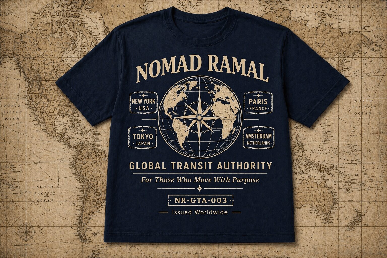 Navy blue T-shirt with white text and graphics, featuring a globe and transit authority theme, laid on a textured background.