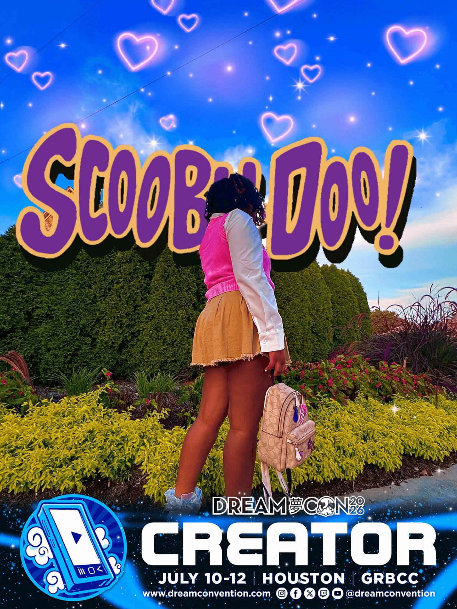 Person standing outdoors with colorful background, large text reading 'Scooby Doo!', and decorative hearts in the sky.