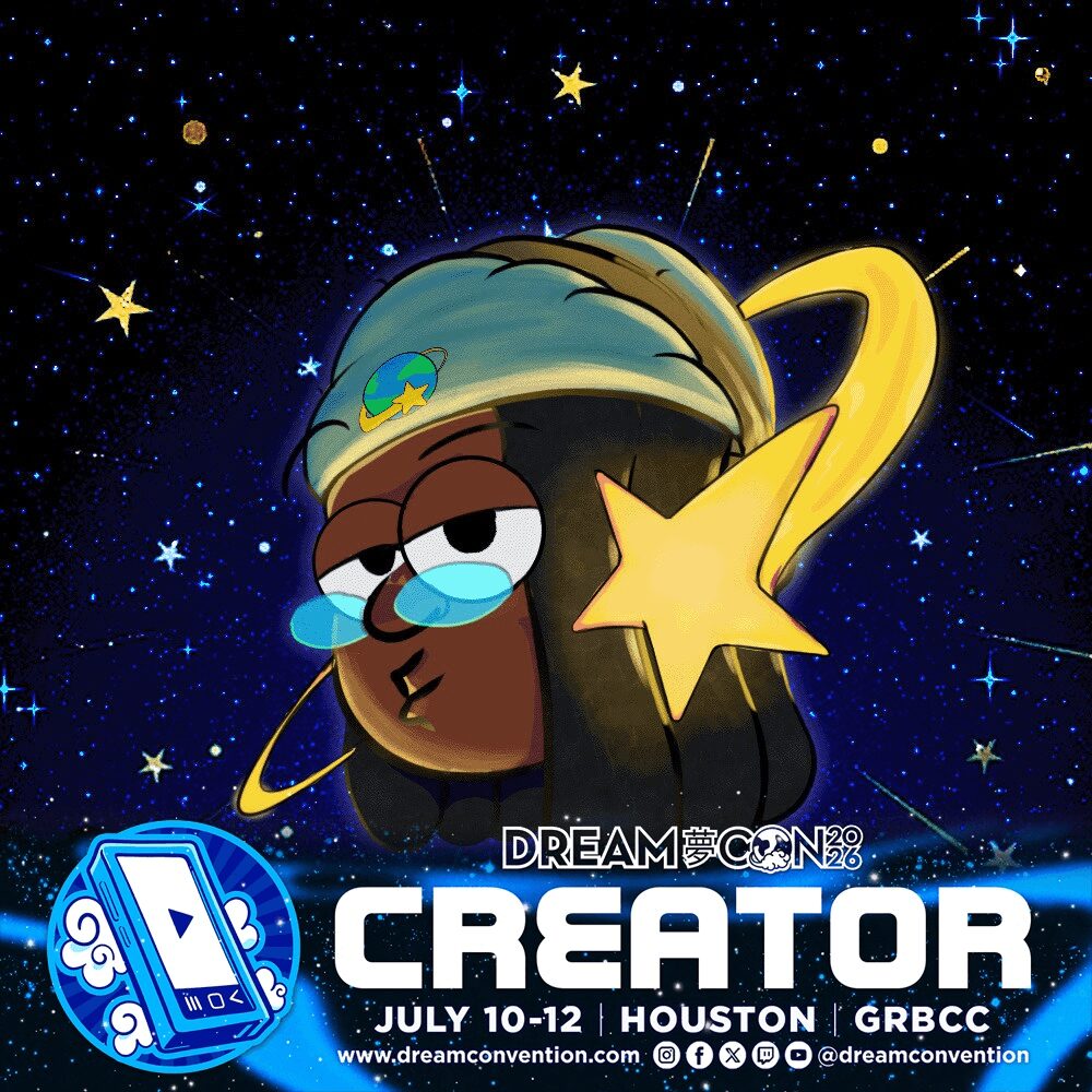 Cartoon character with glasses and a star headband in space, with text about DreamCon and Creator event, July 10-12, Houston.