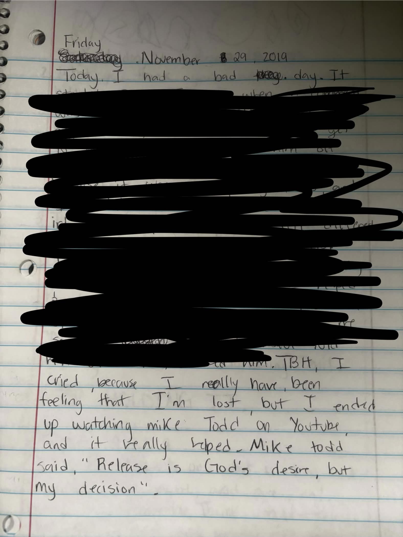 Diary entry with handwritten text, some lines blacked out, dated Friday, November 8, 2019, mentioning feeling tired and watching YouTube.