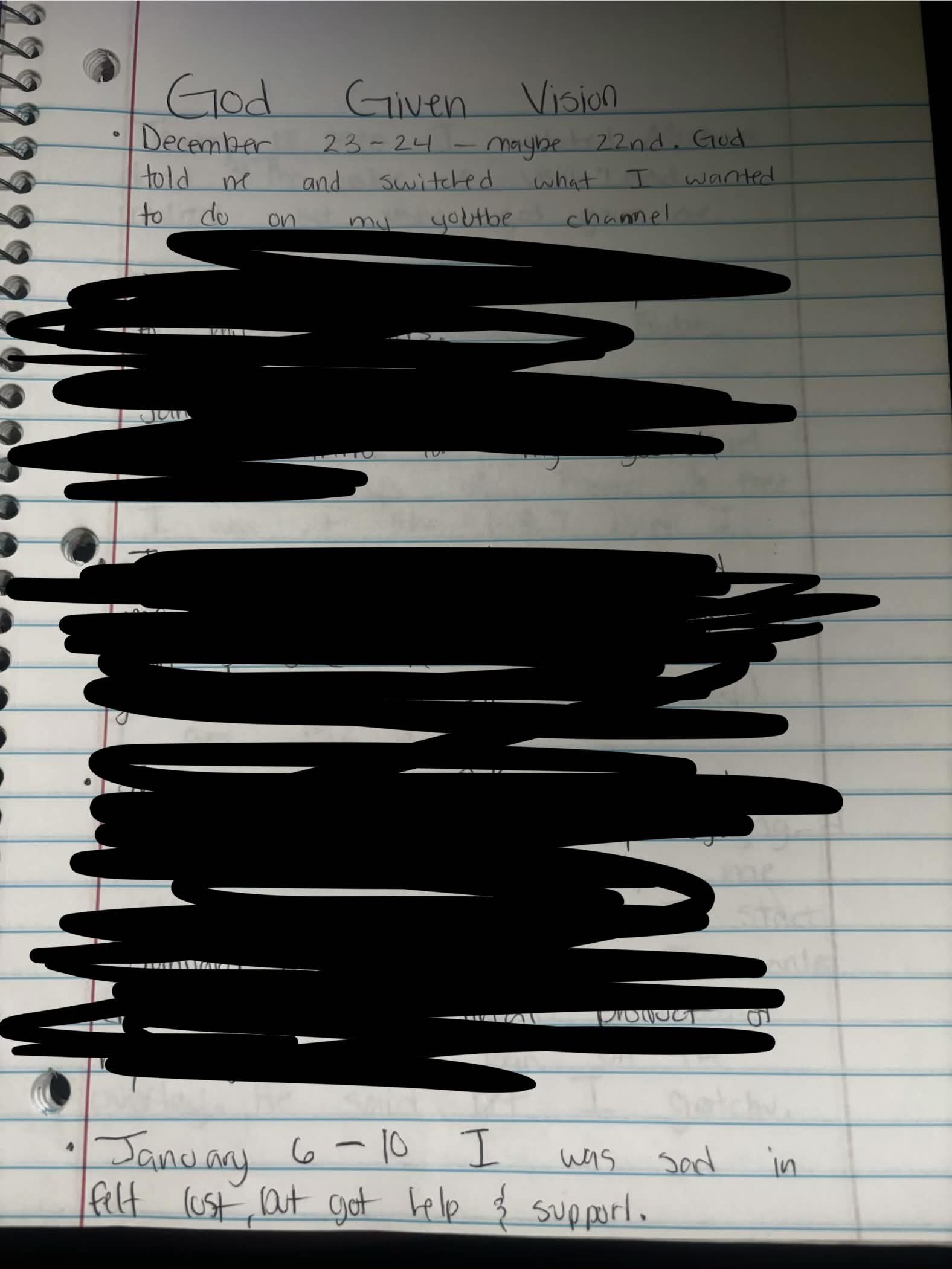Handwritten notes on lined paper, with some text visible, including dates and a list, but most of the content is blacked out.