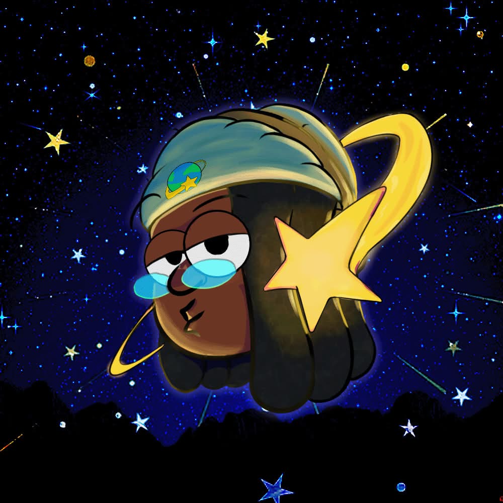 Cartoon character with glasses and a space-themed hat, surrounded by stars and a yellow star-shaped ring, in space background.