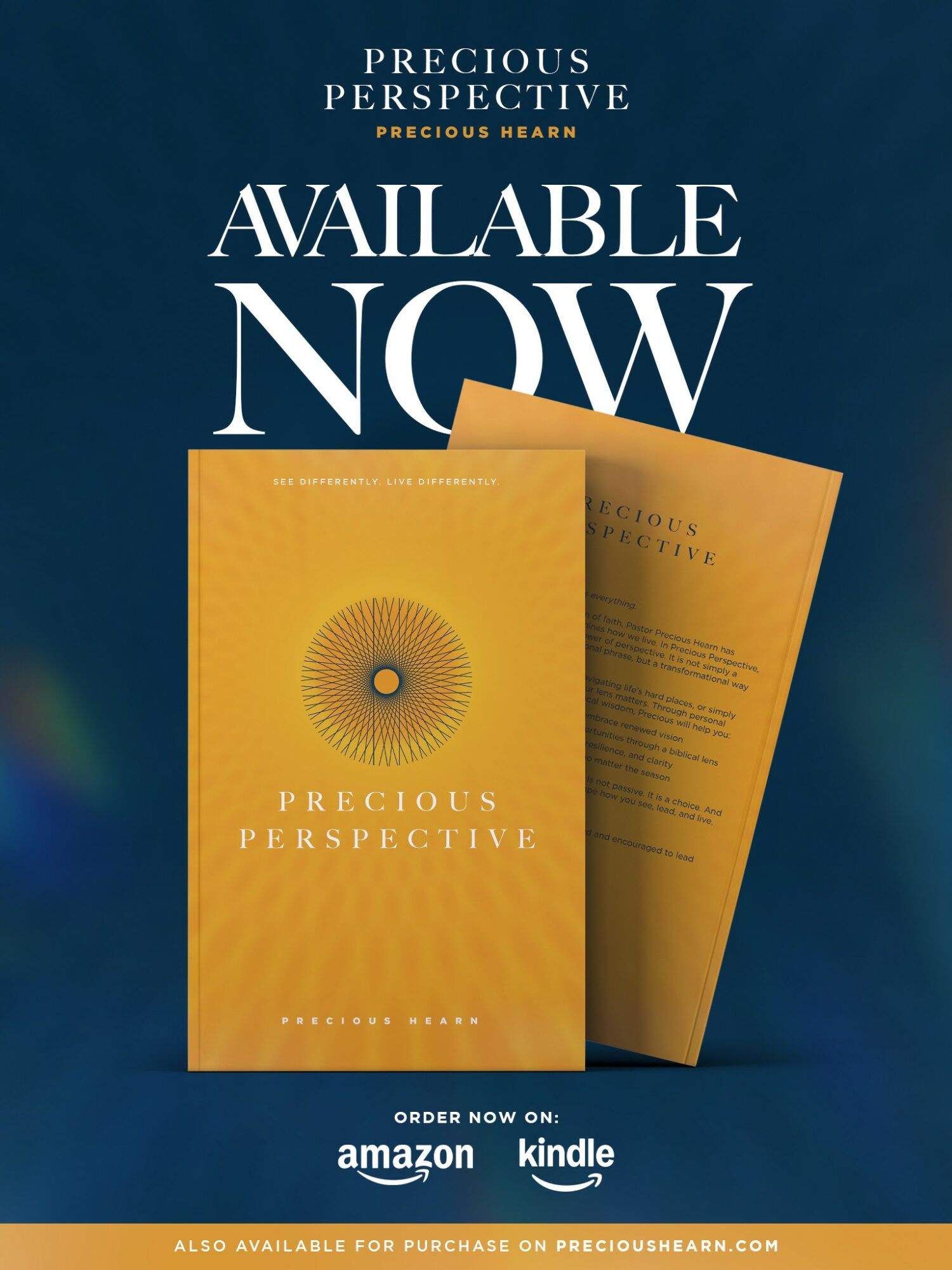 Book cover with yellow and orange design, text 'Precious Perspective,' and a smaller page behind it, on a dark background.