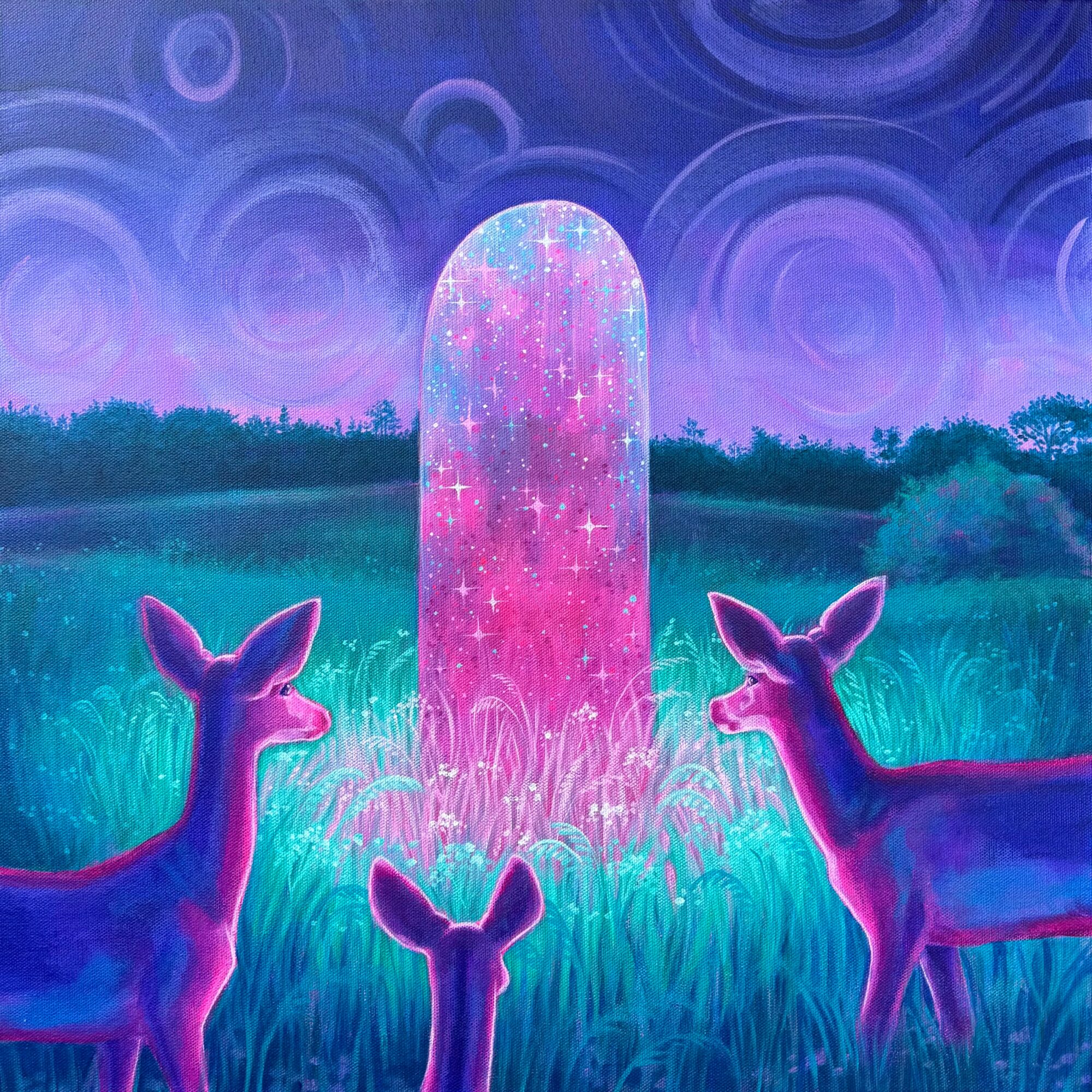 Three deer in a grassy field watch a glowing, starry portal with a colorful sky background.