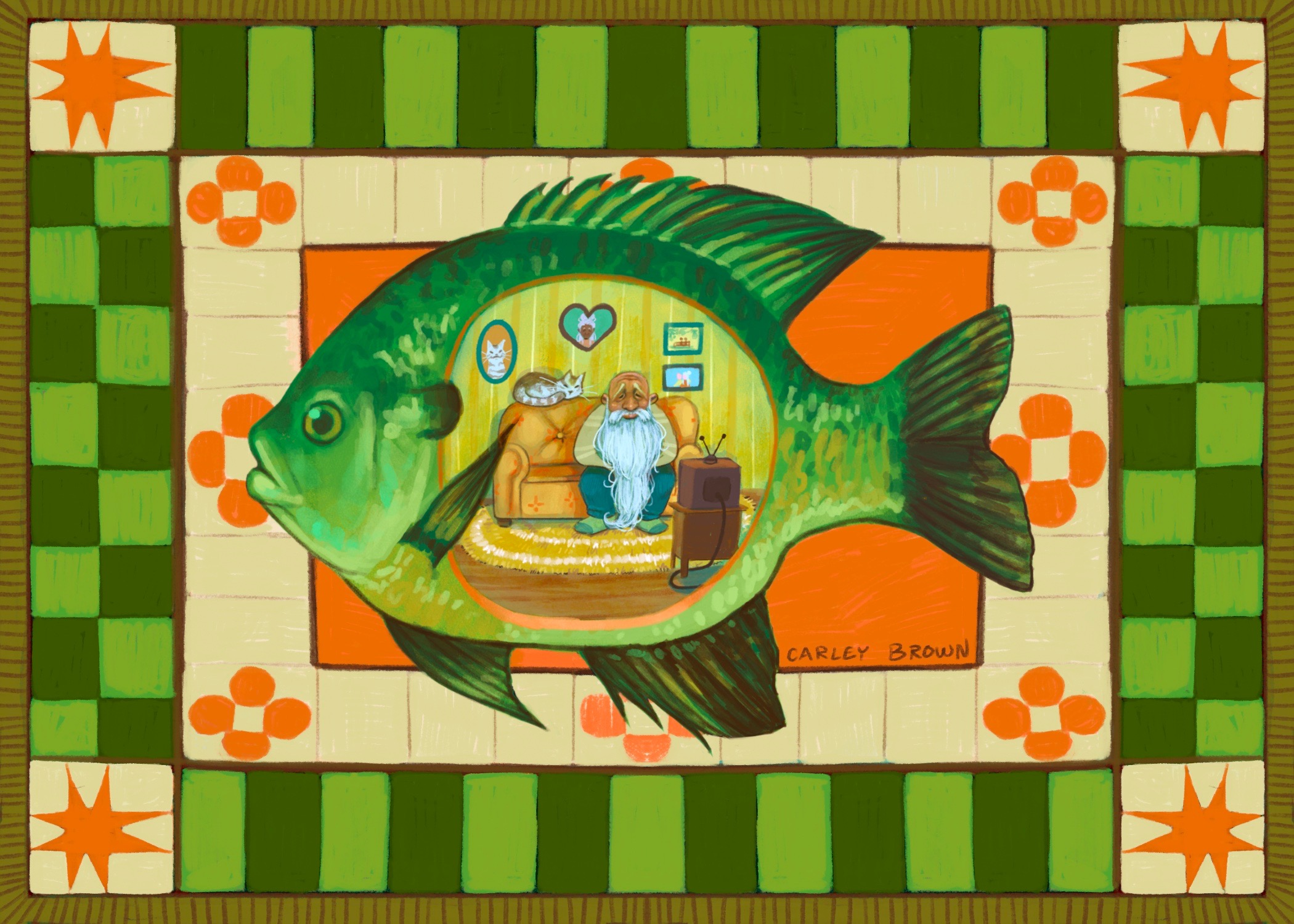 A fish with a room inside it showing two people sitting on a sofa, surrounded by a colorful border.