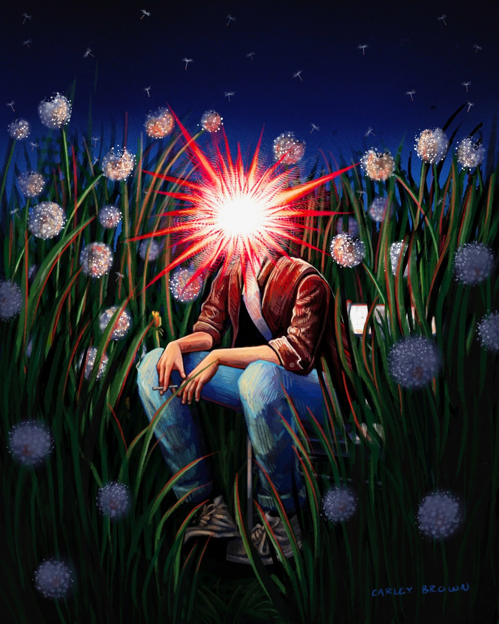 Person sitting in tall grass with a bright light replacing their head, surrounded by dandelions and a dark night sky.