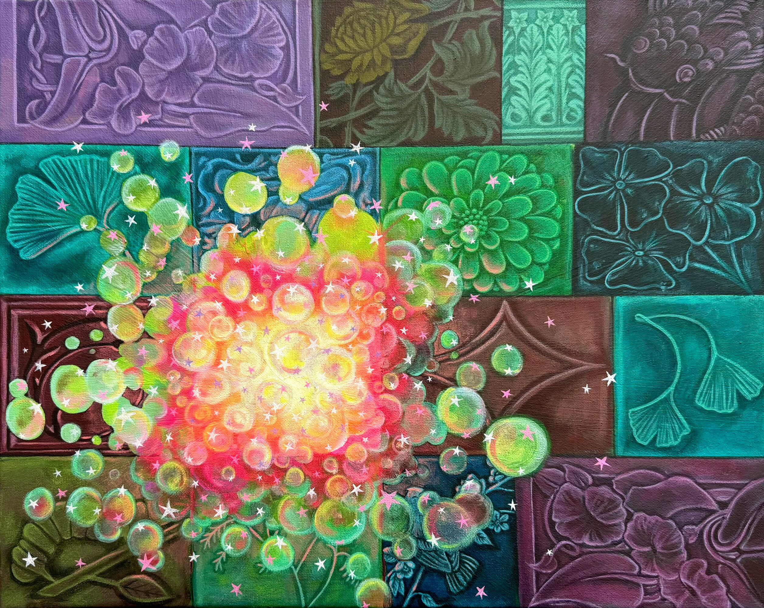Colorful bubbles and glowing light in front of a background of various patterned tiles, some with floral and abstract designs.