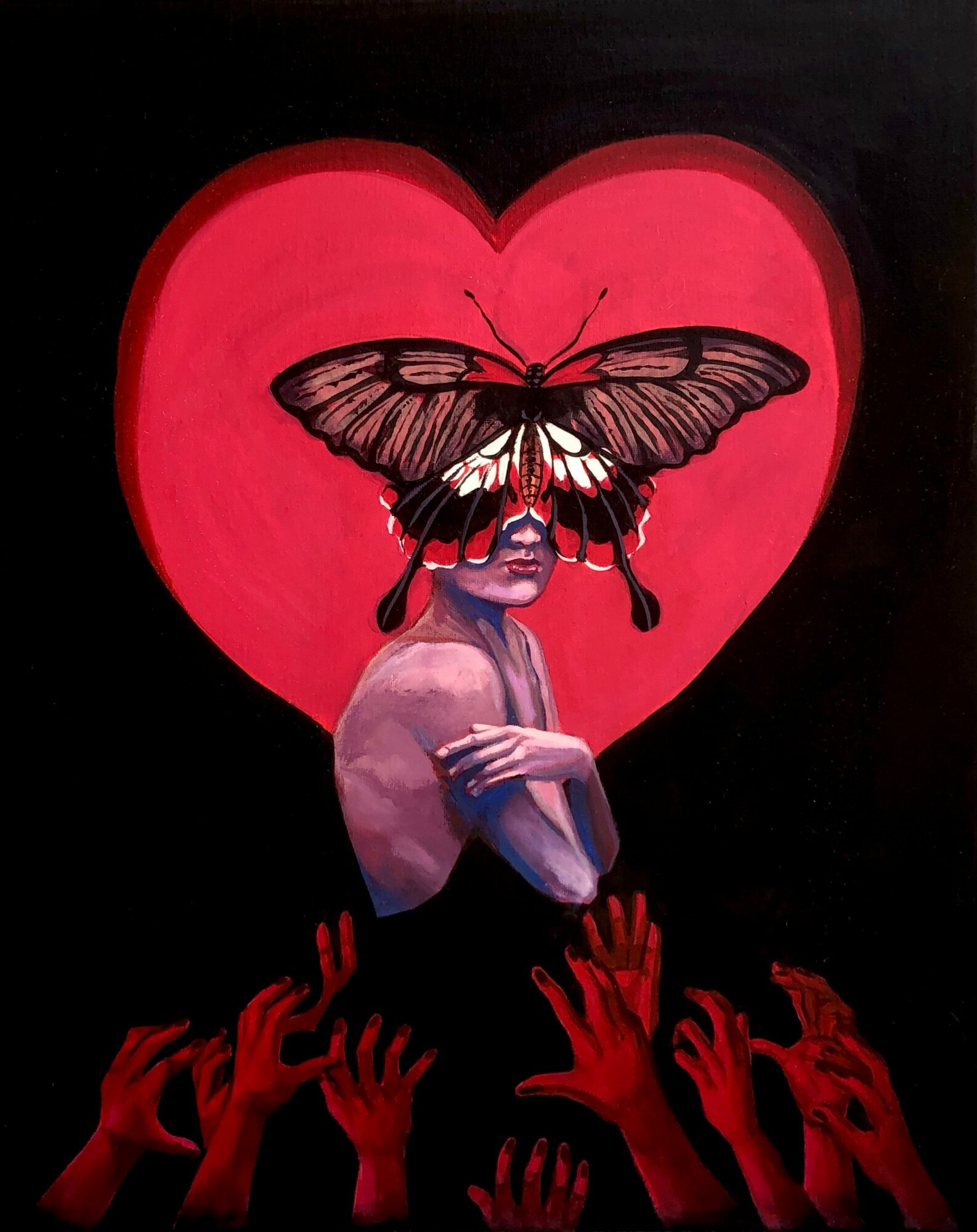 Person with a butterfly and moth on their head, surrounded by raised hands, in front of a red heart background.