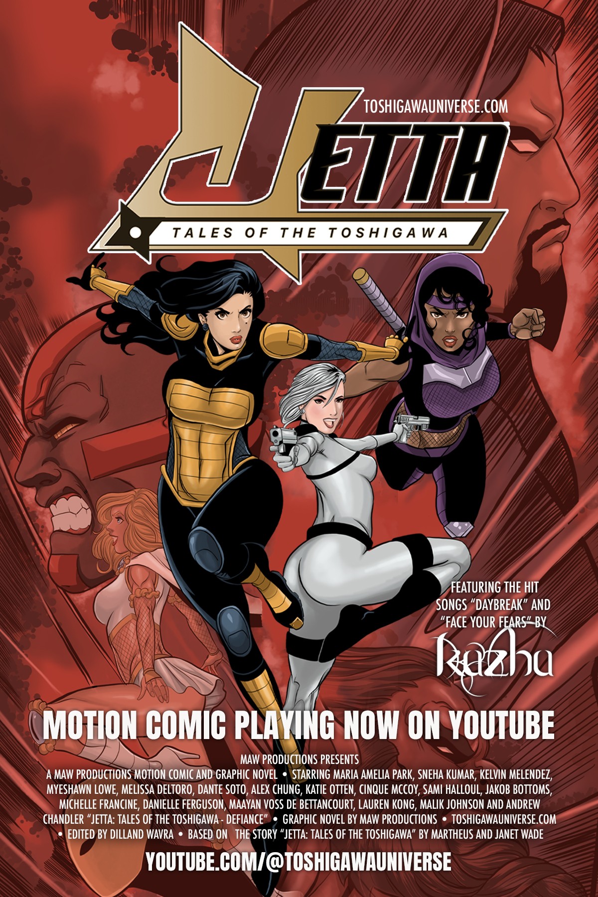 Comic book cover featuring three female characters in superhero costumes, with a large face in the background and text about a YouTube series.