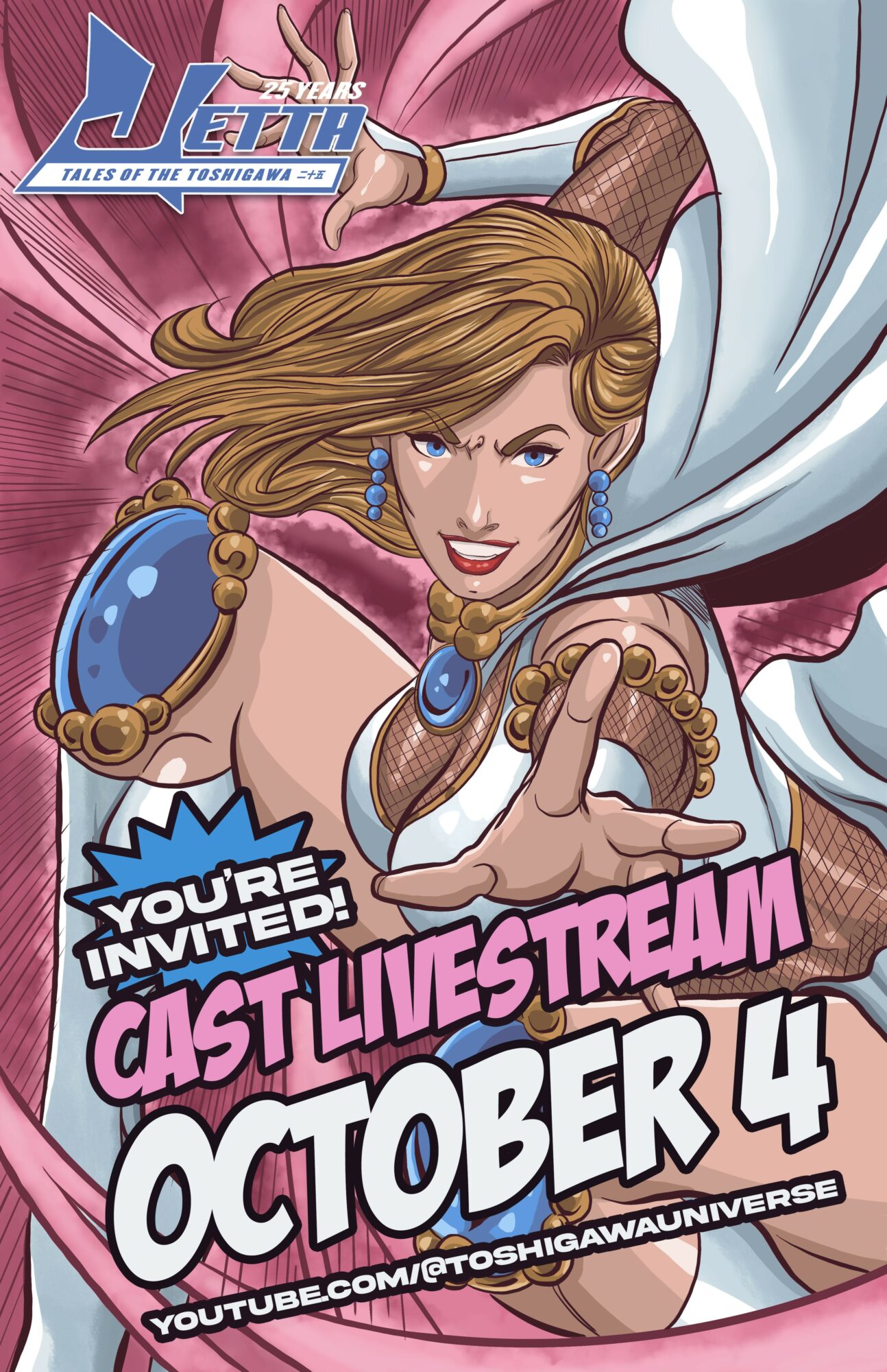 A woman with long hair, jewelry, and a confident expression, reaching forward with a pink background. Text promotes a livestream event.