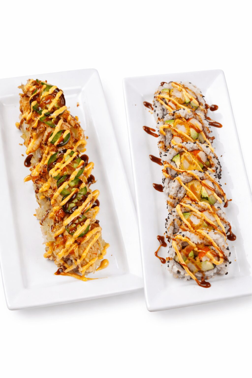Two rectangular plates with sushi rolls, one with spicy mayo and green onions, the other with eel sauce and avocado.