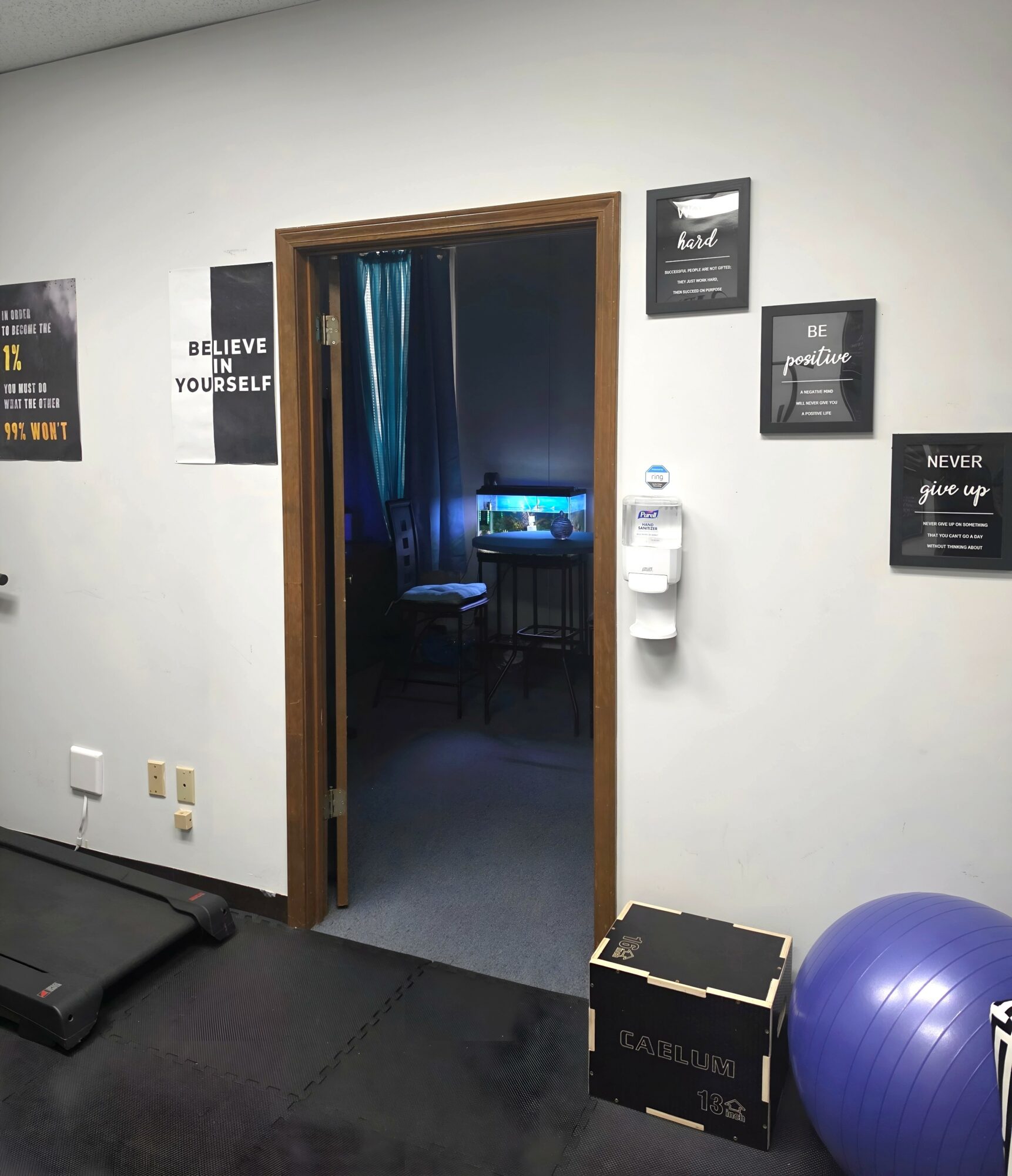 Doorway leading to a dimly lit room with blue curtains and a fish tank, wall with motivational posters, exercise equipment nearby.