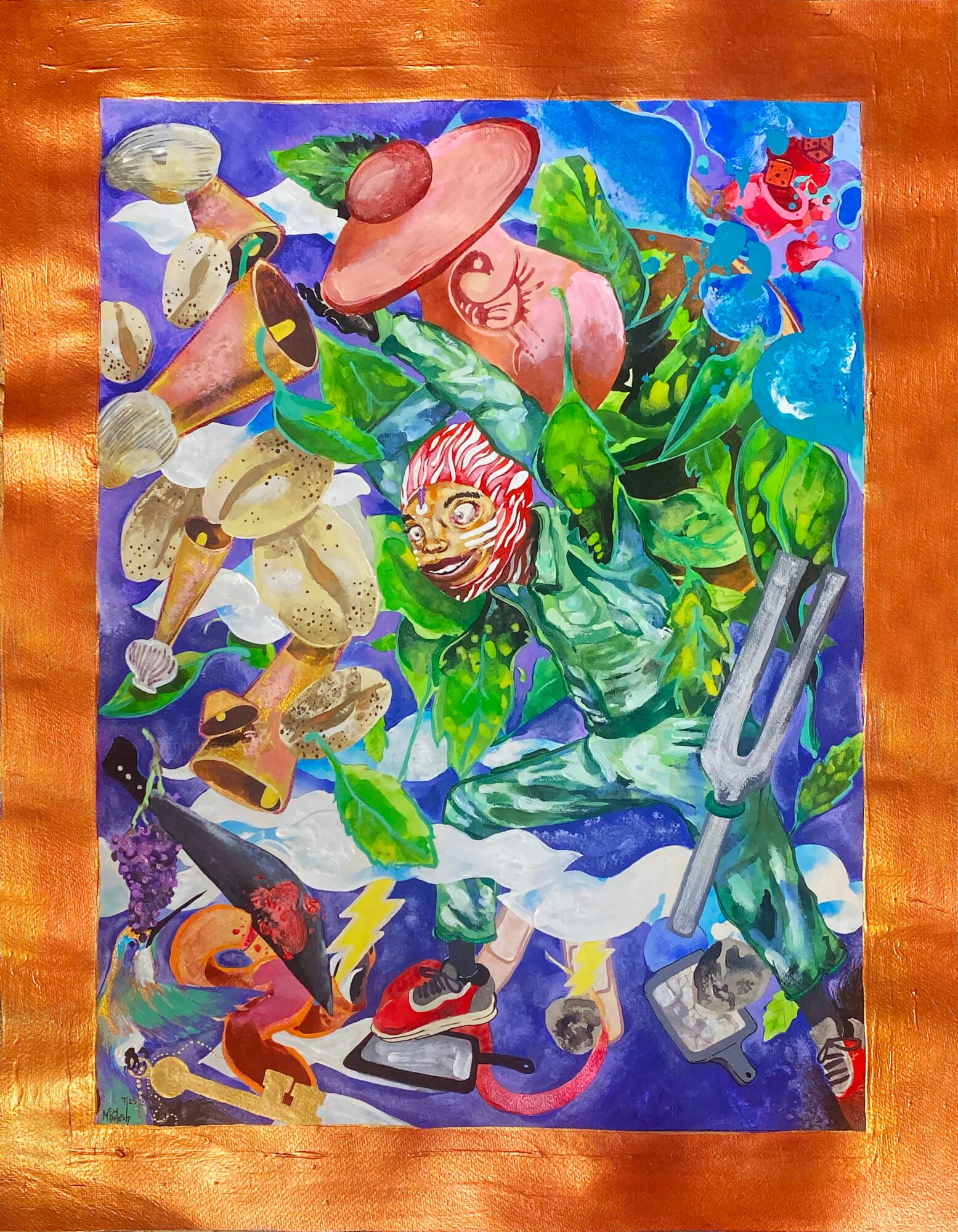 Colorful painting with mushrooms, a person with a striped face, green leaves, and various objects, including a shoe and a bottle.