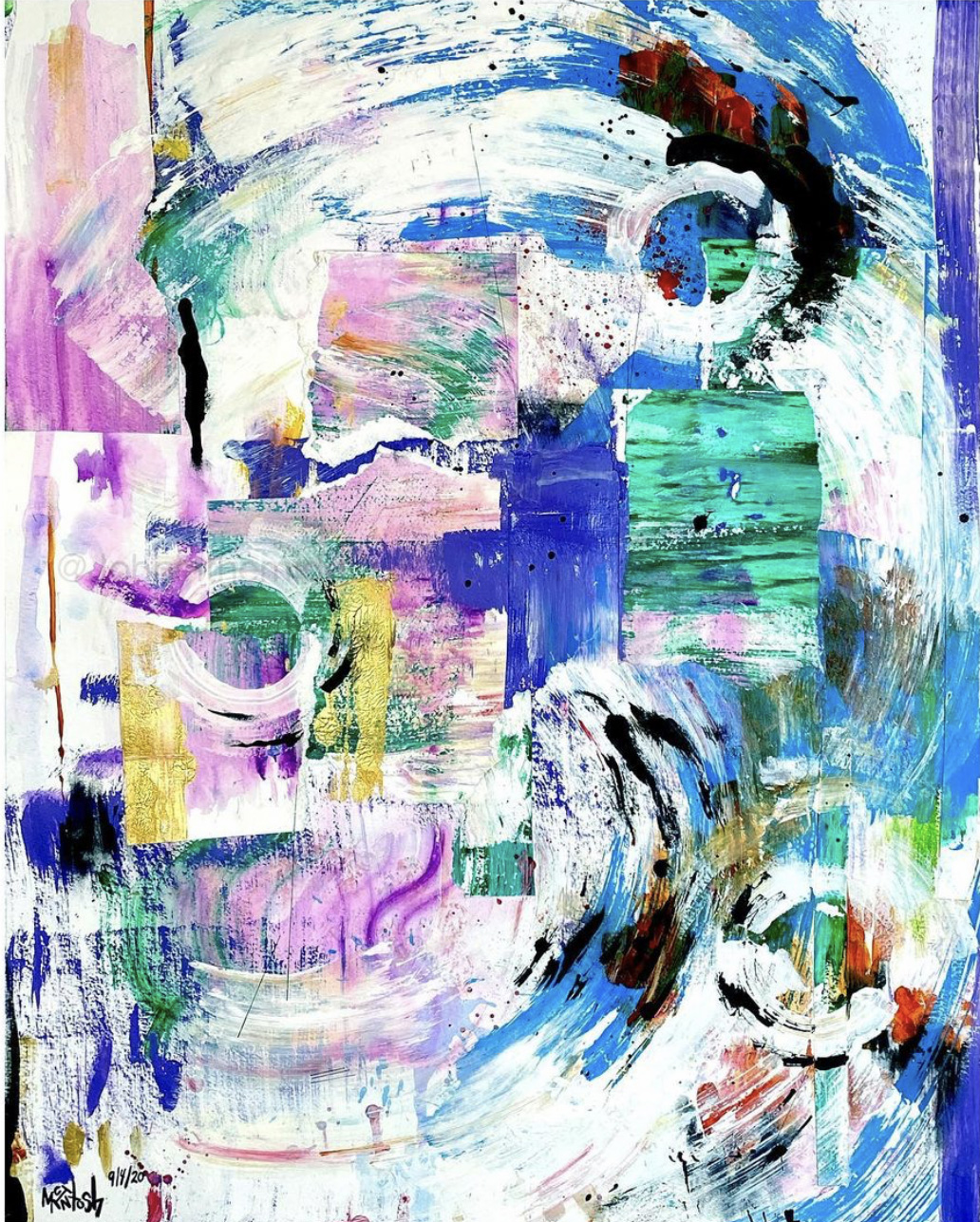 Abstract painting with vibrant colors, brushstrokes, and geometric shapes in pink, purple, blue, green, and black.