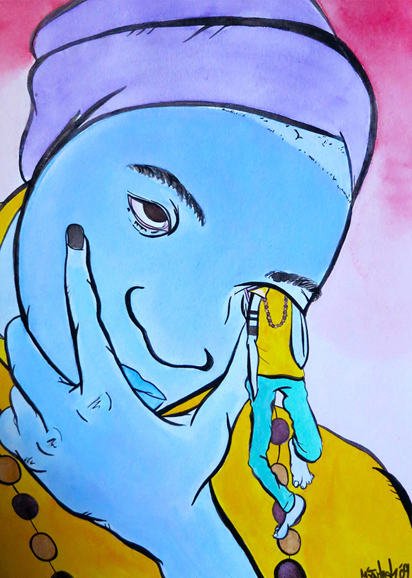 A blue-skinned person with a purple head covering, smiling and holding a small figure with a yellow shirt and blue pants.