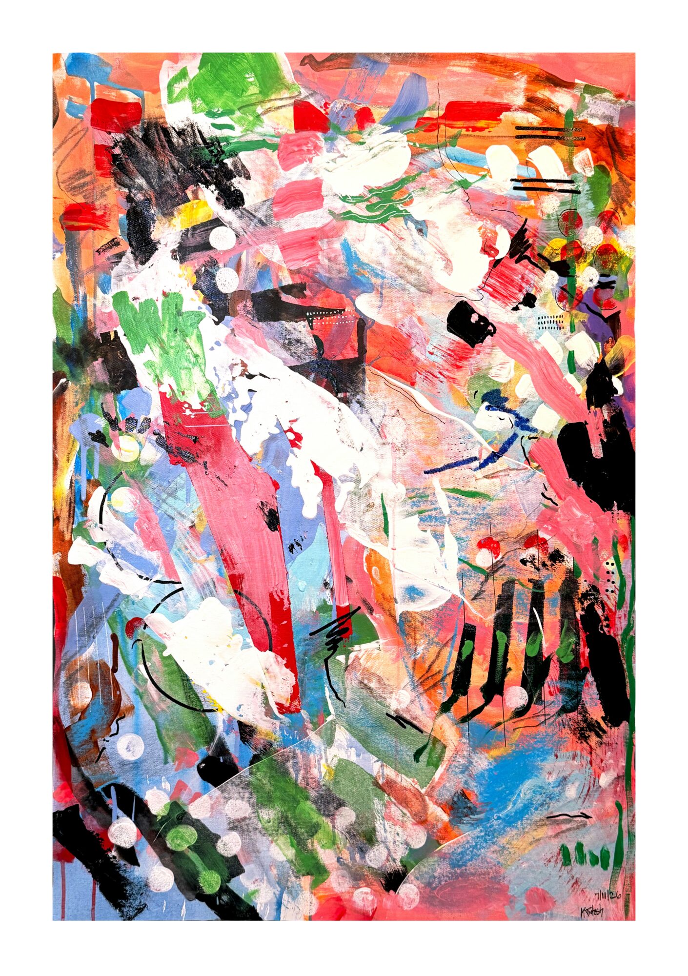 Abstract painting with vibrant colors, brushstrokes, and shapes in pink, green, black, white, and blue.