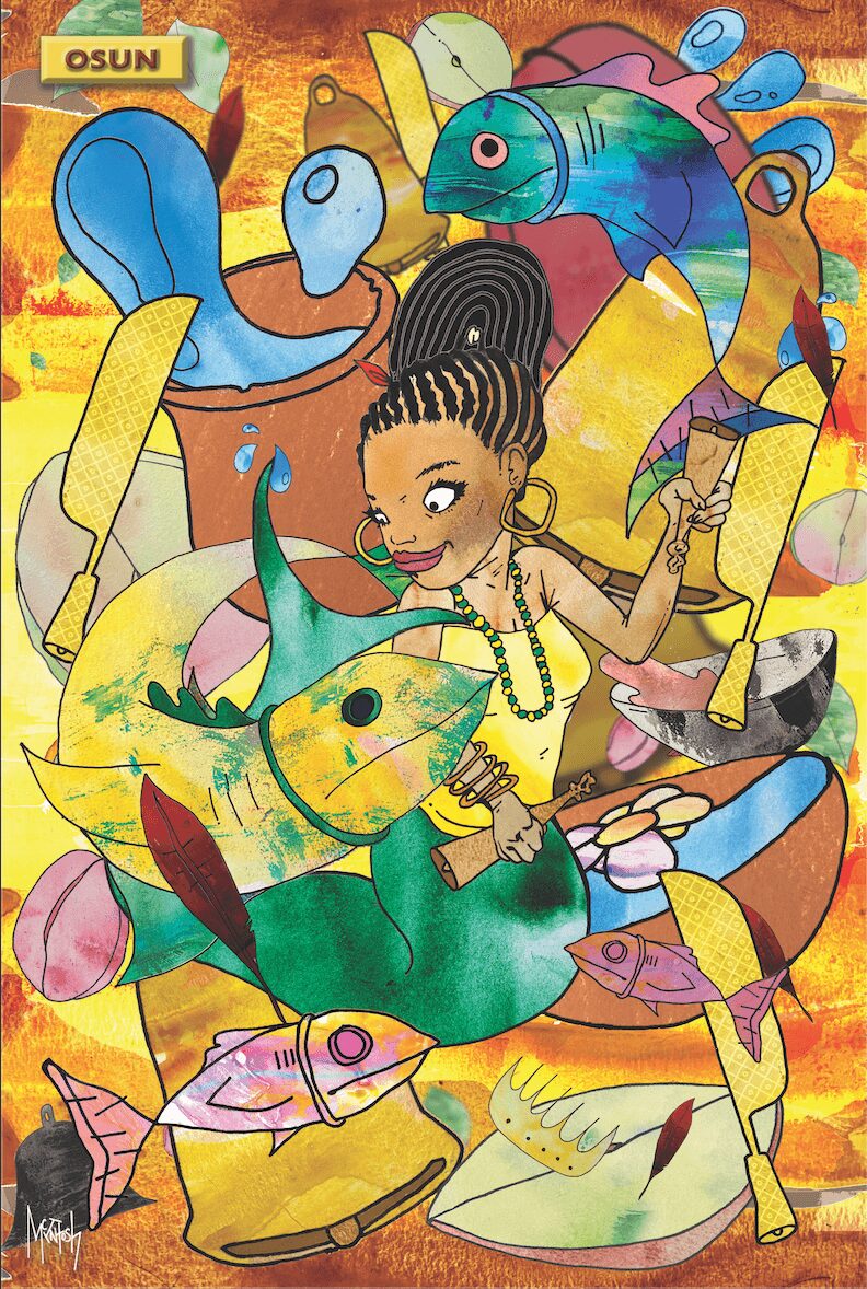 Young woman with braided hair surrounded by colorful fish and abstract shapes underwater scene, holding a yellow fish.