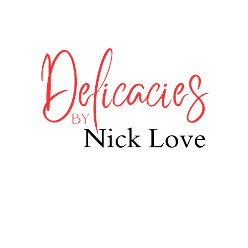 Text reading 'Delicacies by Nick Love' in red and black on a white background.
